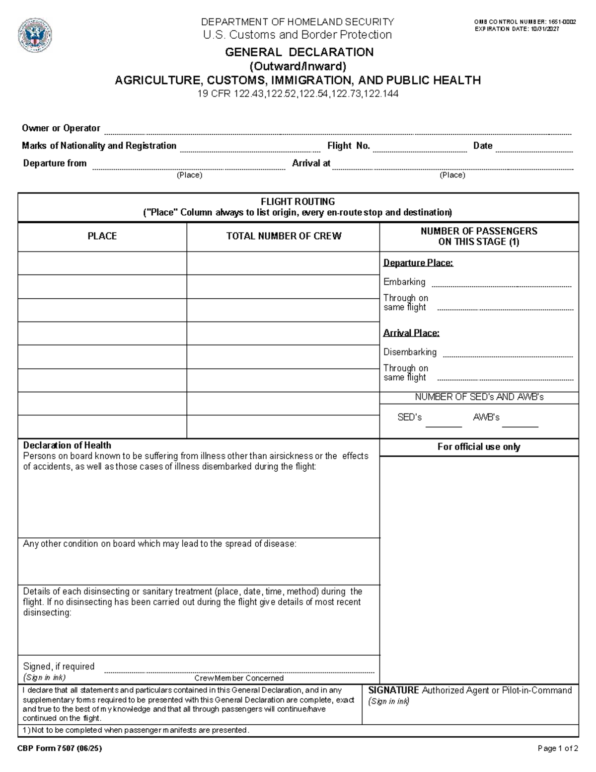 CBP Form 7507: General Declaration for Customs & Health - Studocu