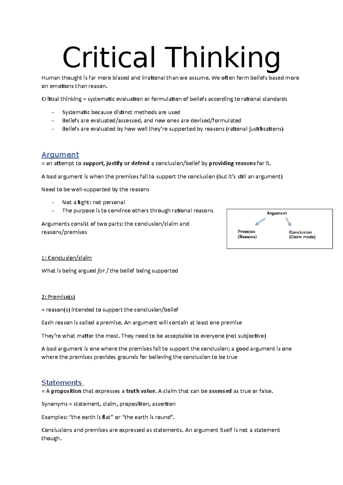 PHI1025F Critical Thinking Class Test 1 - Definitions & Arguments - Studocu