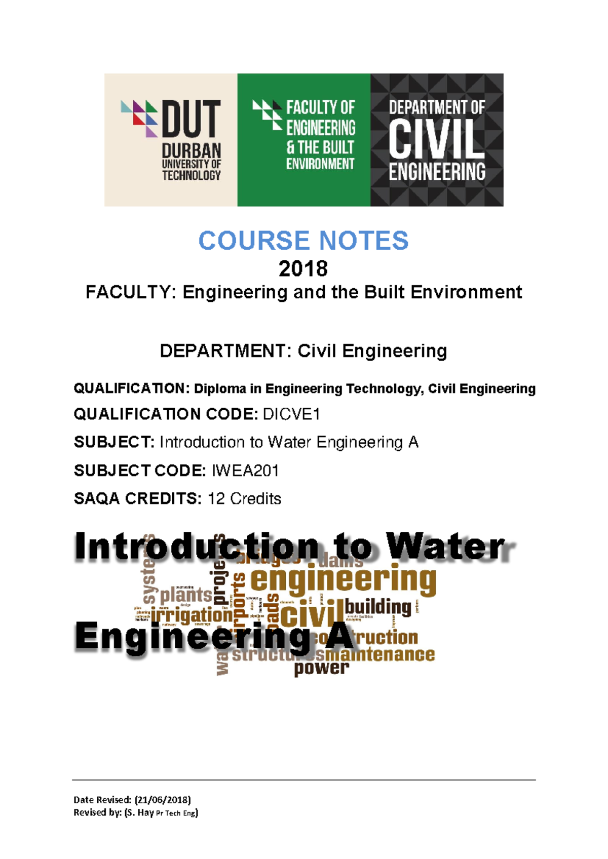 IWEA201 Intro to Water Engineering A Course Notes (Revised 2018) - Studocu