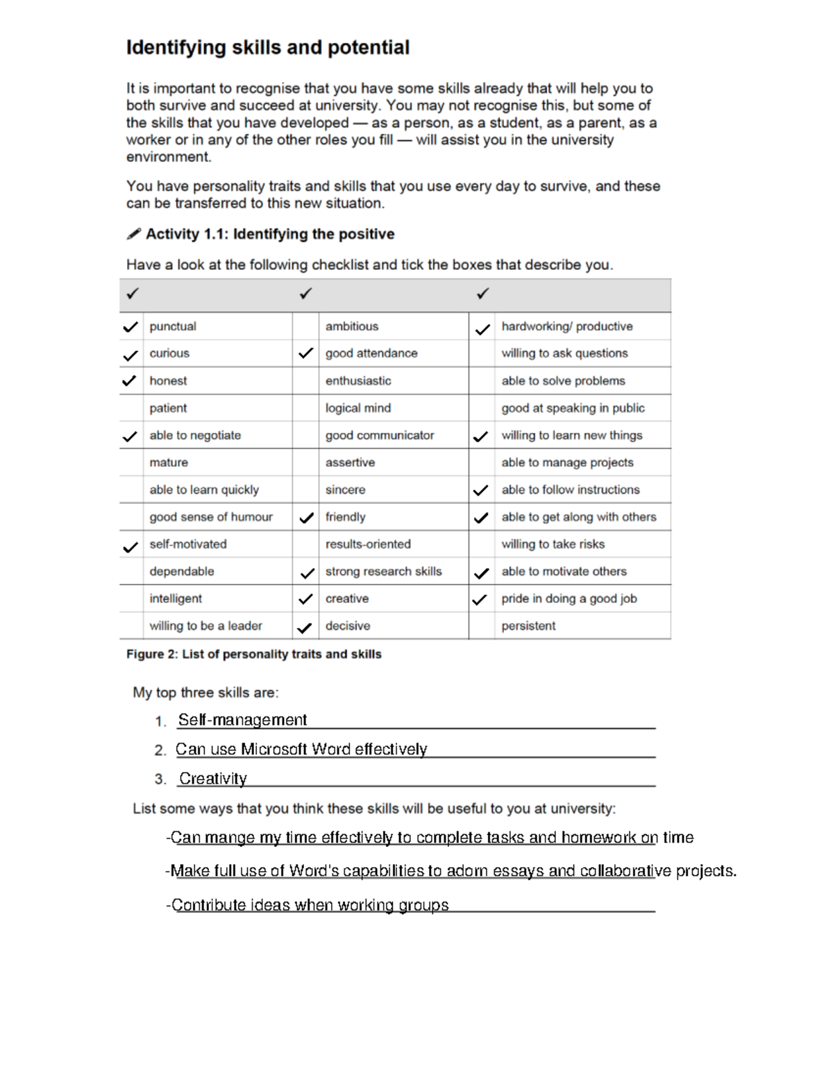 Week 1 Activity 1 2 Skills and Potential Checklist Activity Copy - Week ...