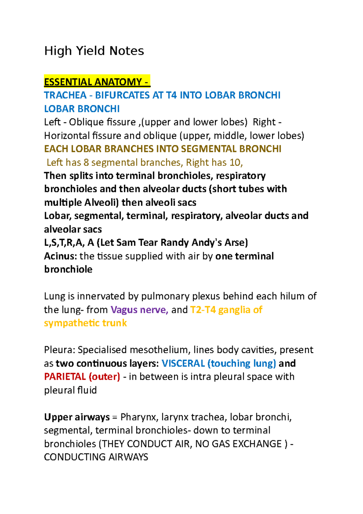 Respiratory System High Yield Notes for Med Course (MED 101) - Studocu
