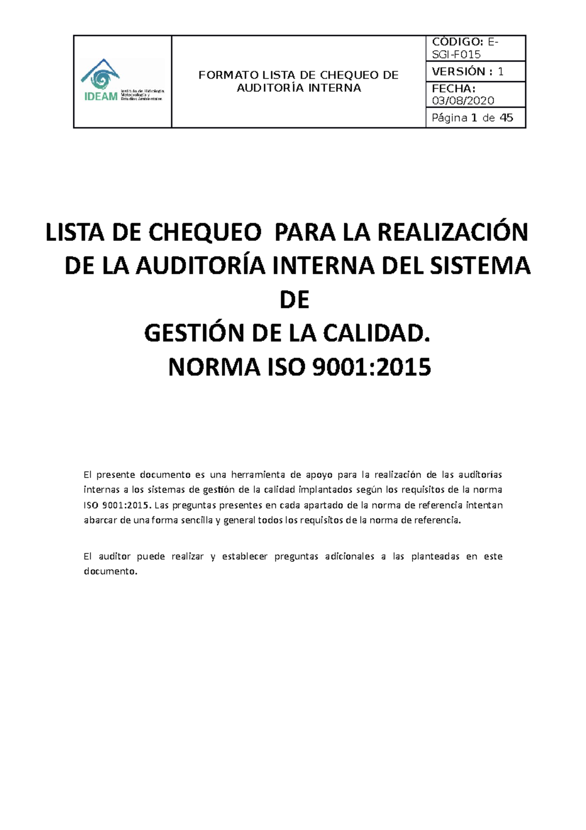 E-SGI-F015 Formato Lista DE Chequeo DE Auditoría Interna ISO 9001 2015