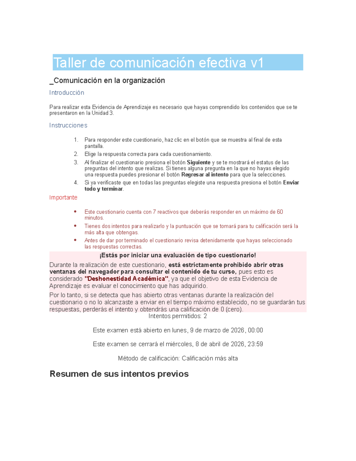 Taller de Comunicación Efectiva v1: Cuestionario de Evaluación - Studocu