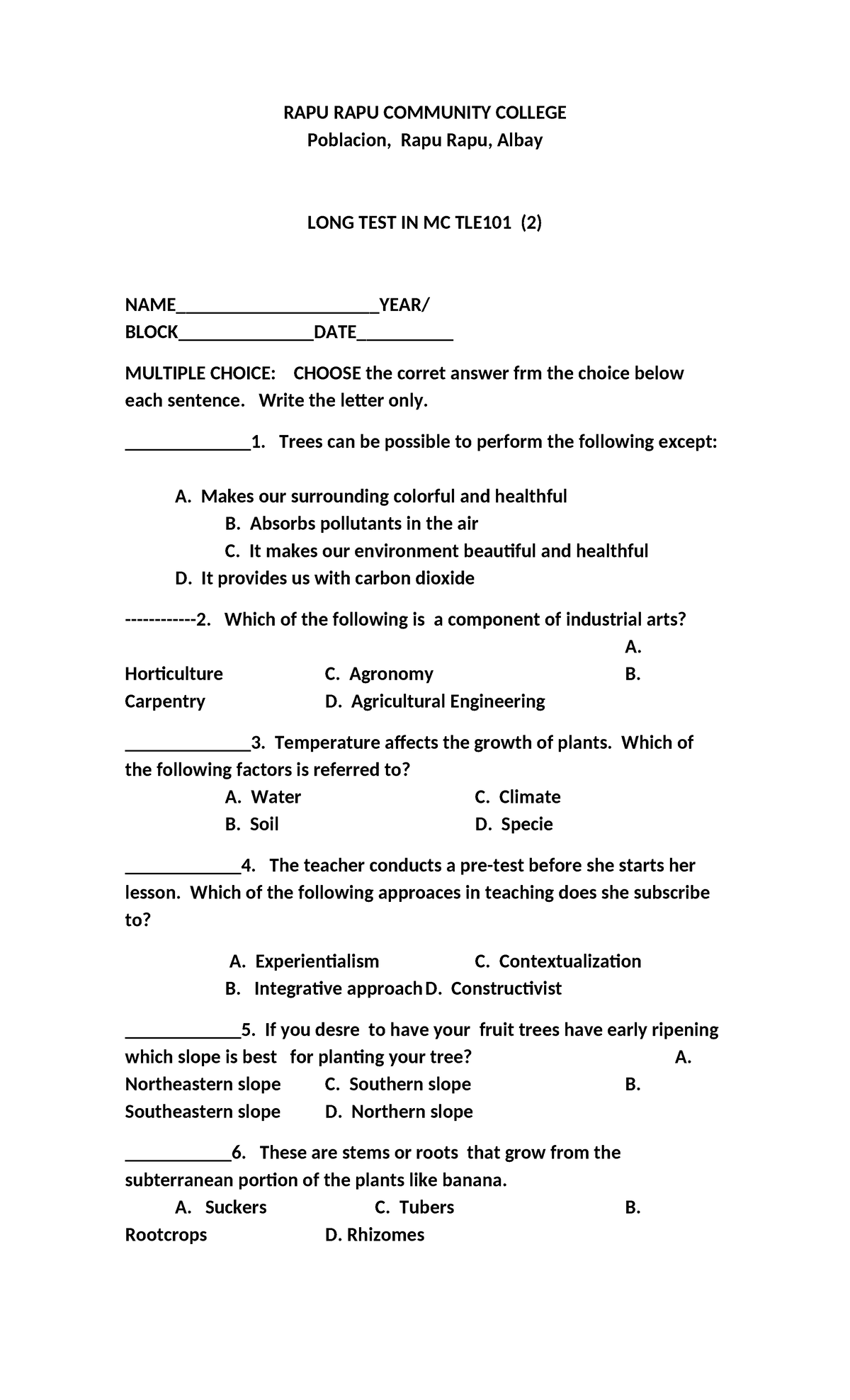 LONG TEST IN MC TLE101 - Multiple Choice Questions - Studocu