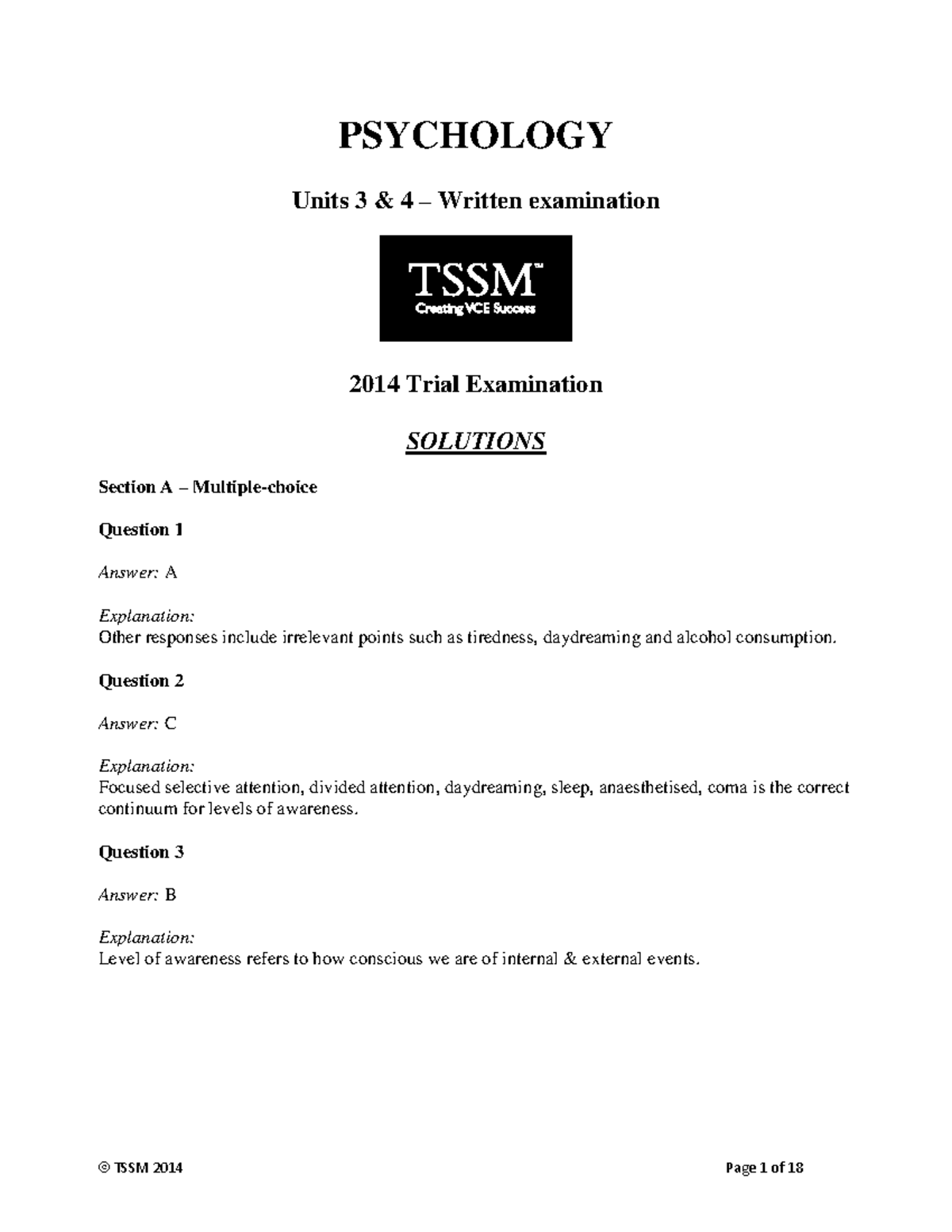 PSYCH 2014 Units 3 & 4 Trial Exam Solutions - Studocu