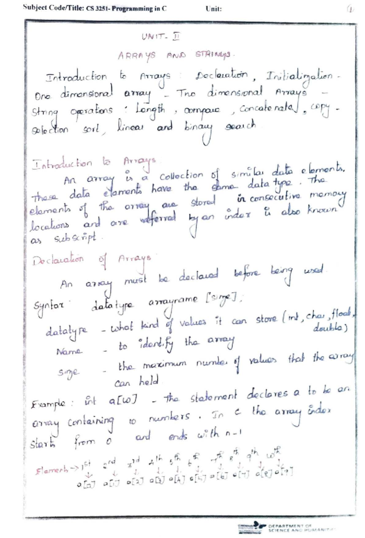 CS Programming in C: Unit II - Arrays and Strings Overview - Studocu