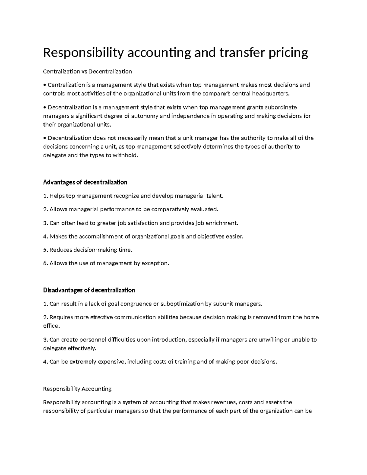 WFH Responsibility accounting and transfer pricing - Responsibility ...