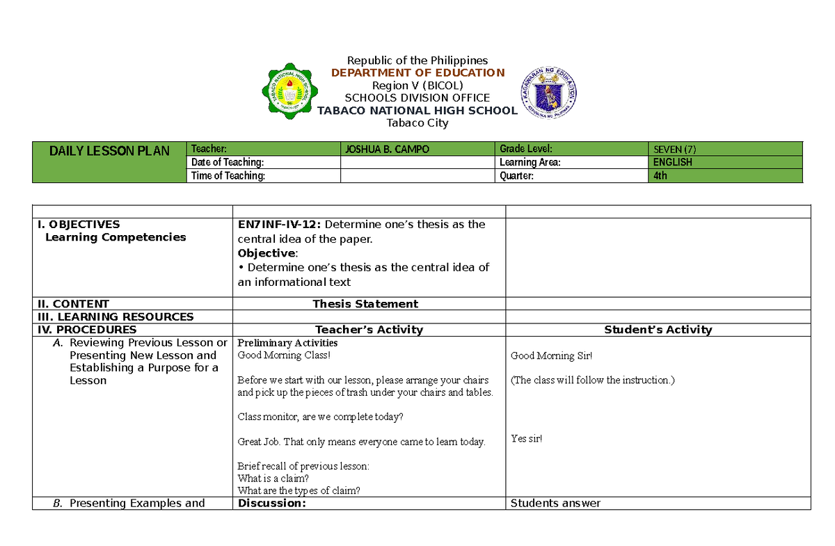 Detailed Lesson Plan on Thesis Statement - Joshua Campo (4th Q) - Studocu