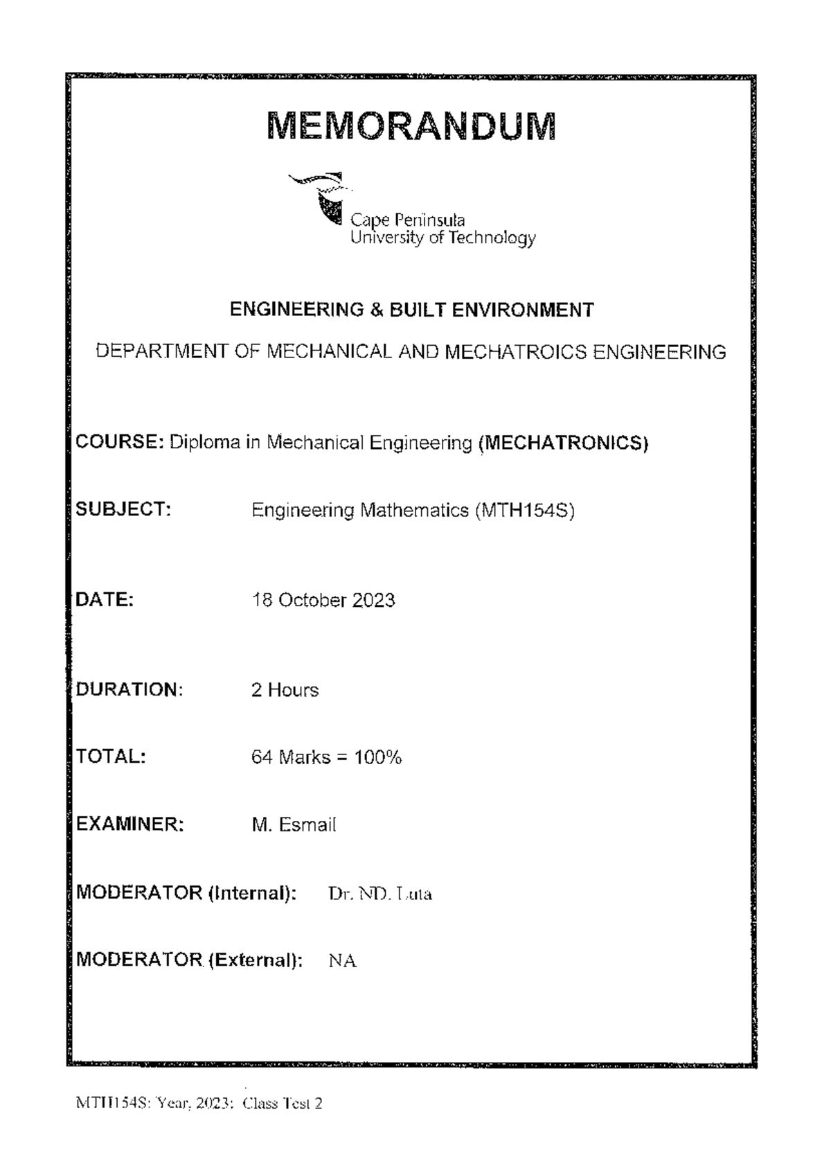 MTH154S: Class Test 2 Memo - Engineering Mathematics - Studocu