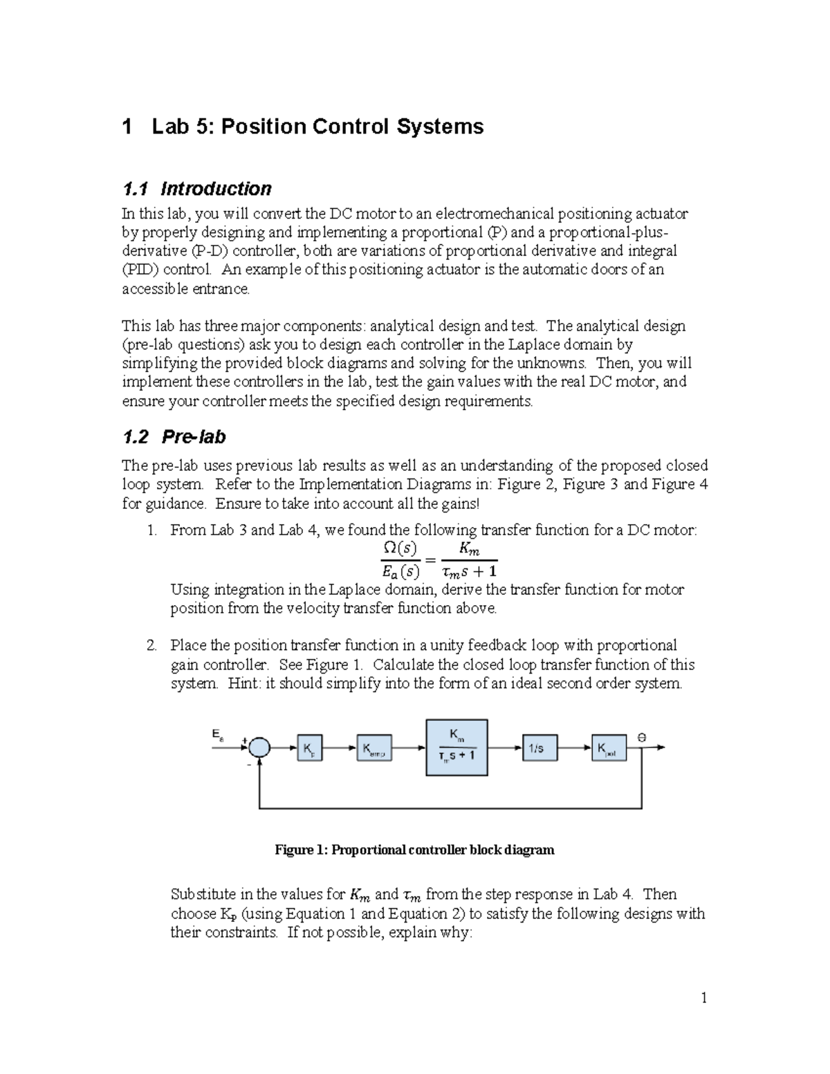 GE320 Lab 5: Position Control Systems and PID Controller Design - Studocu