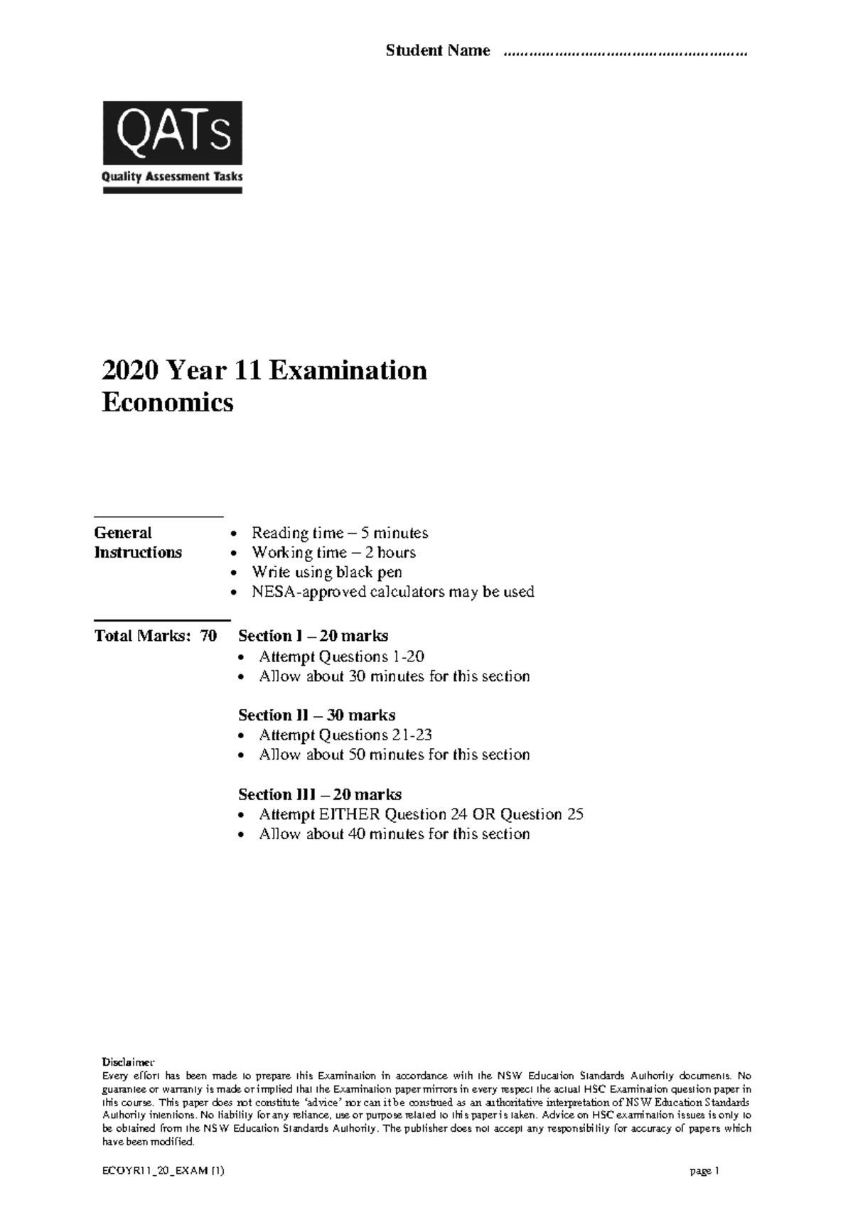Year 11 Economics - 2020 Practice Exam Paper for HSC Preparation - Studocu