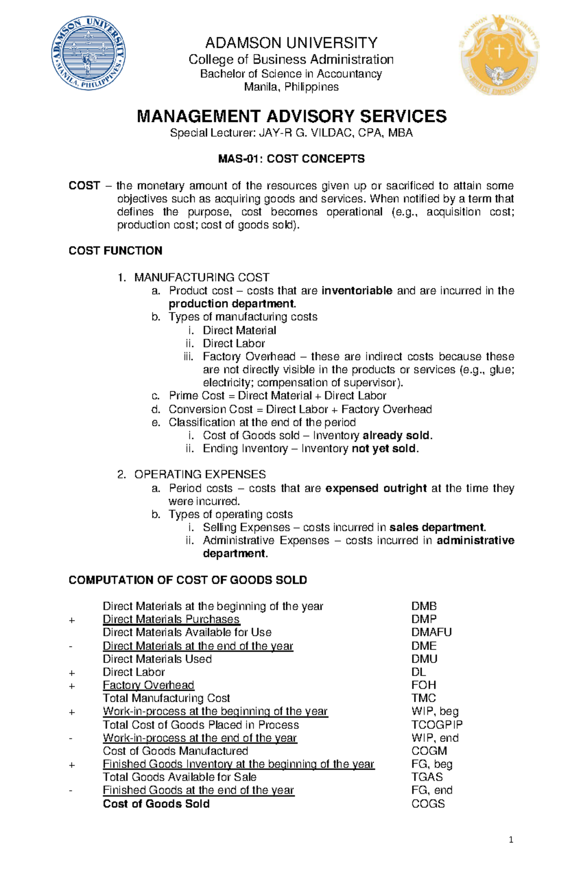 Cost Concepts in Management Advisory Services (MAS-01) Notes - Studocu