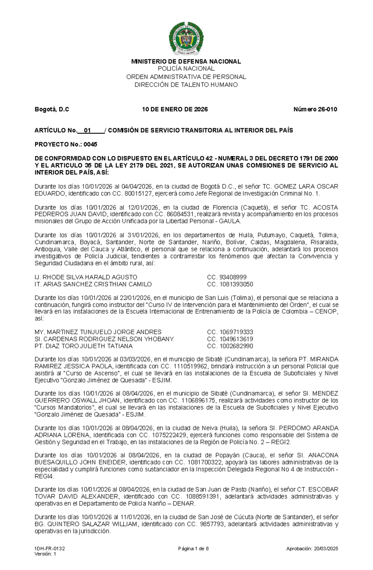 OAP 26-010: Orden Administrativa de Personal - 10 de enero de 2026 ...