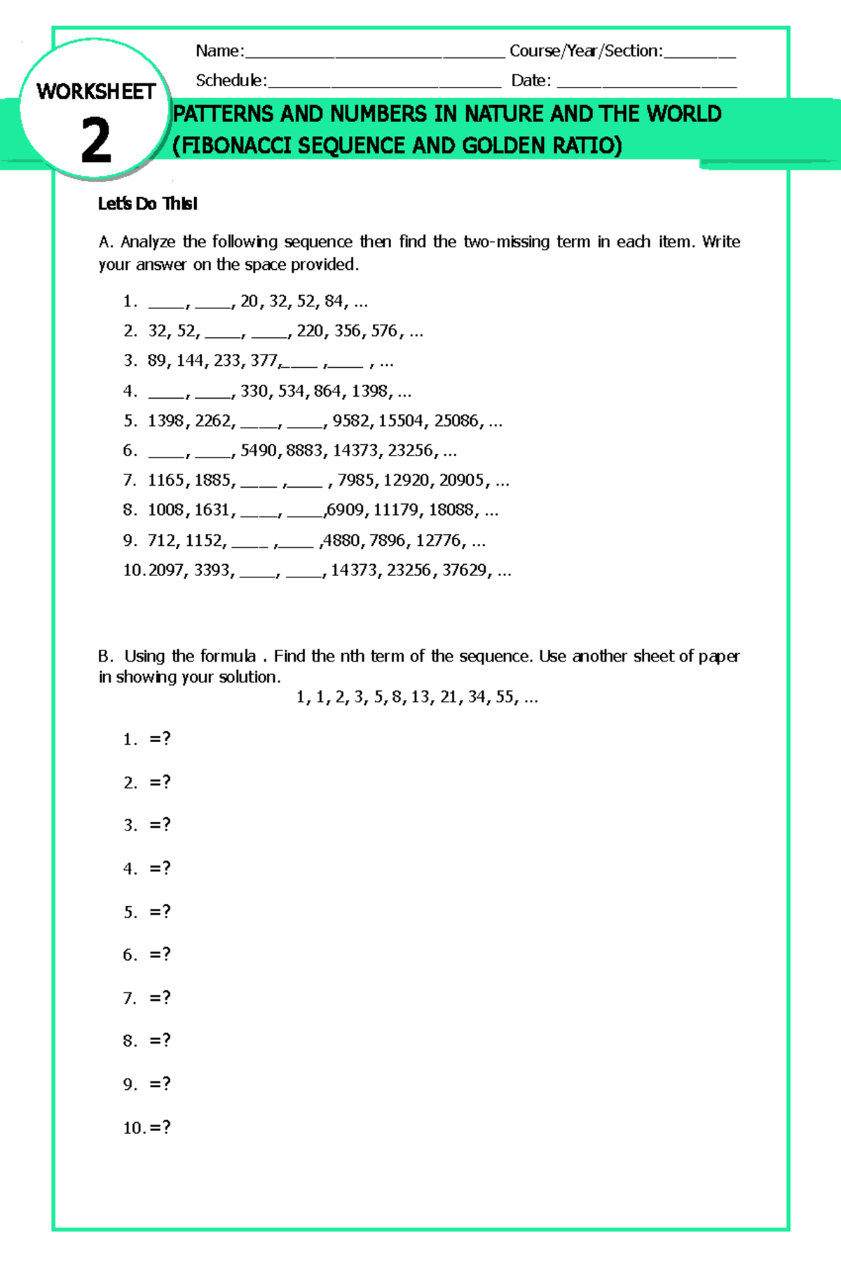 MMW Worksheet 2 - Math in Modern World: Fibonacci & Patterns Exercise ...
