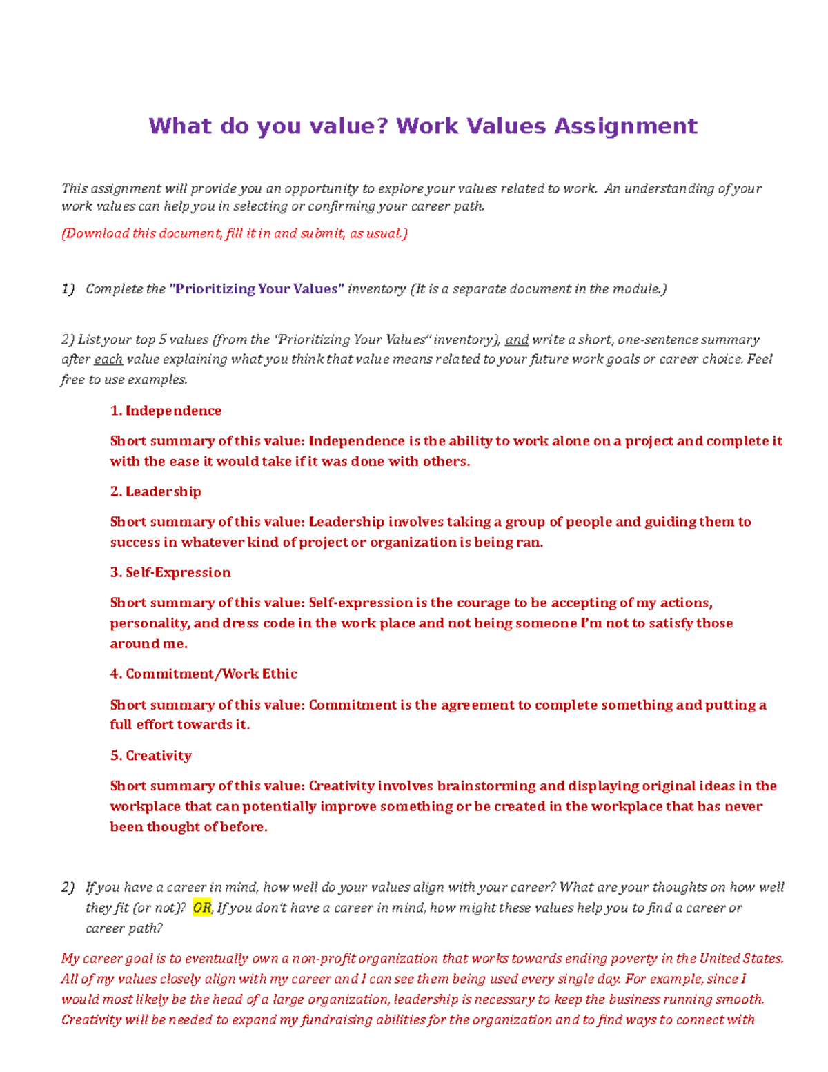 Prioritizing Your Work Values Assignment - What do you value? Work ...