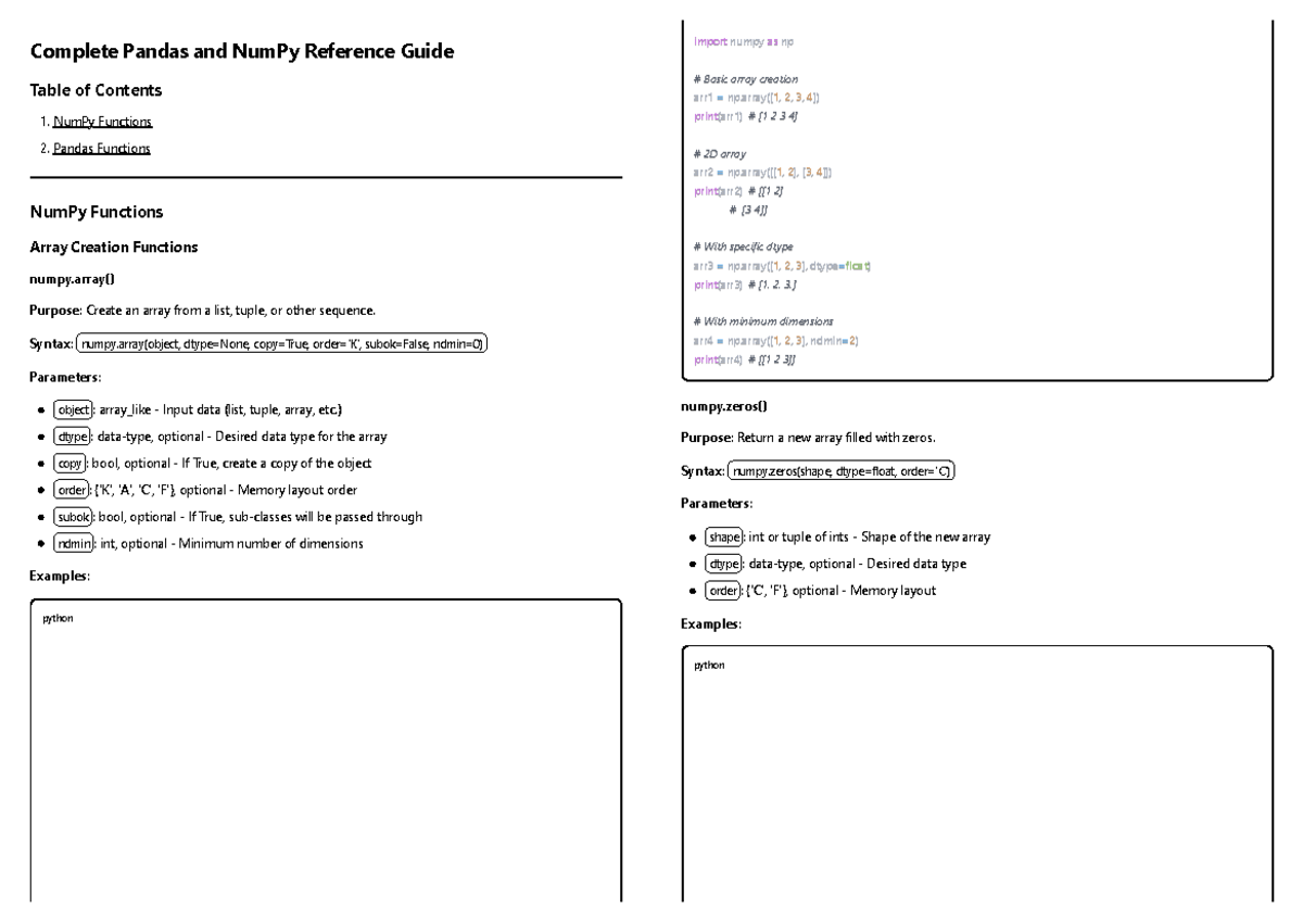 Pandas and NumPy Functions Reference Guide for Data Analysis - Studocu