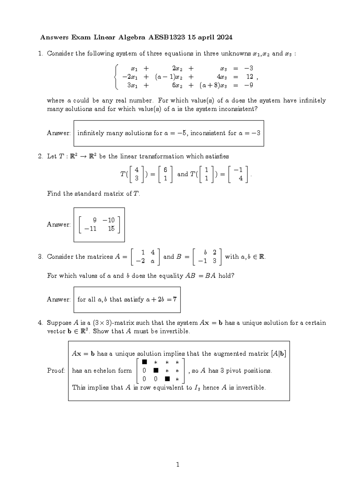 Final Exam Answers: Linear Algebra AESB1323 - April 15, 2024 - Studeersnel