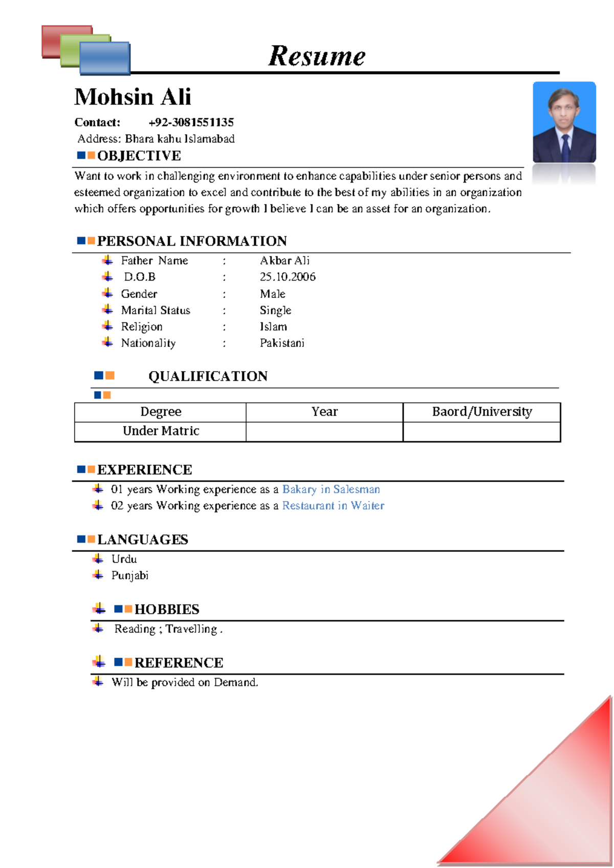 Shahzad - My notes - Resume Mohsin Ali Contact: + 92 - 3081551135 ...