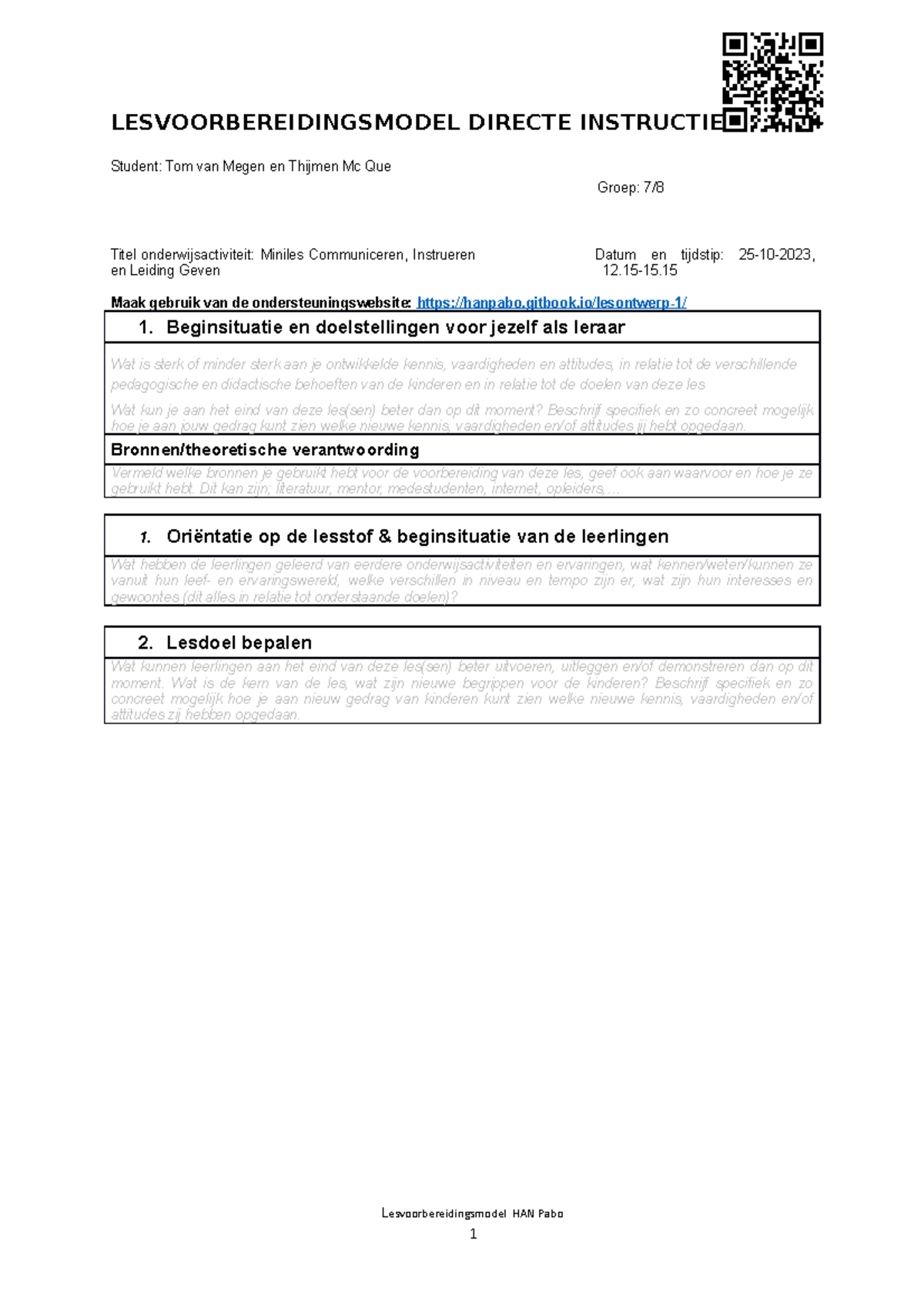 Lesvoorbereidingsformulier Miniles Communiceren en Instrueren - HAN ...