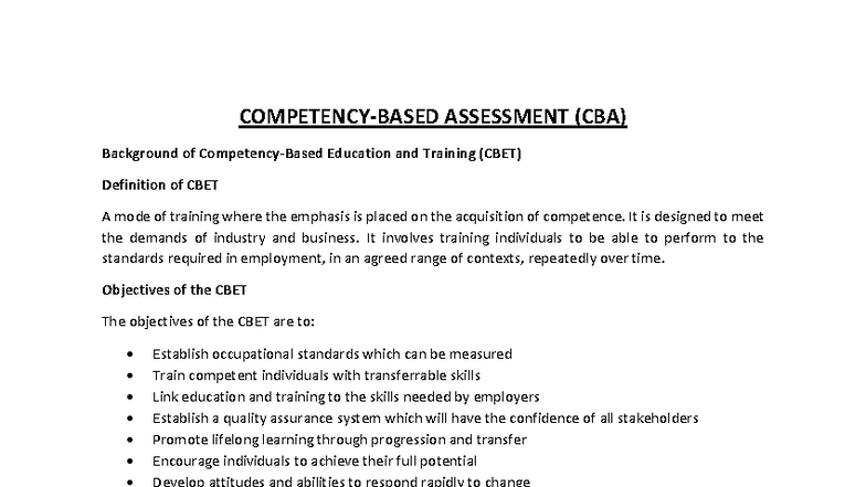 CBA Notes: Understanding Competency-Based Education and Training - Studocu