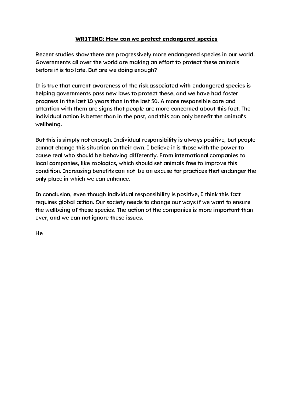 ENG 101 Essay: Protecting Endangered Species and Our Responsibility ...
