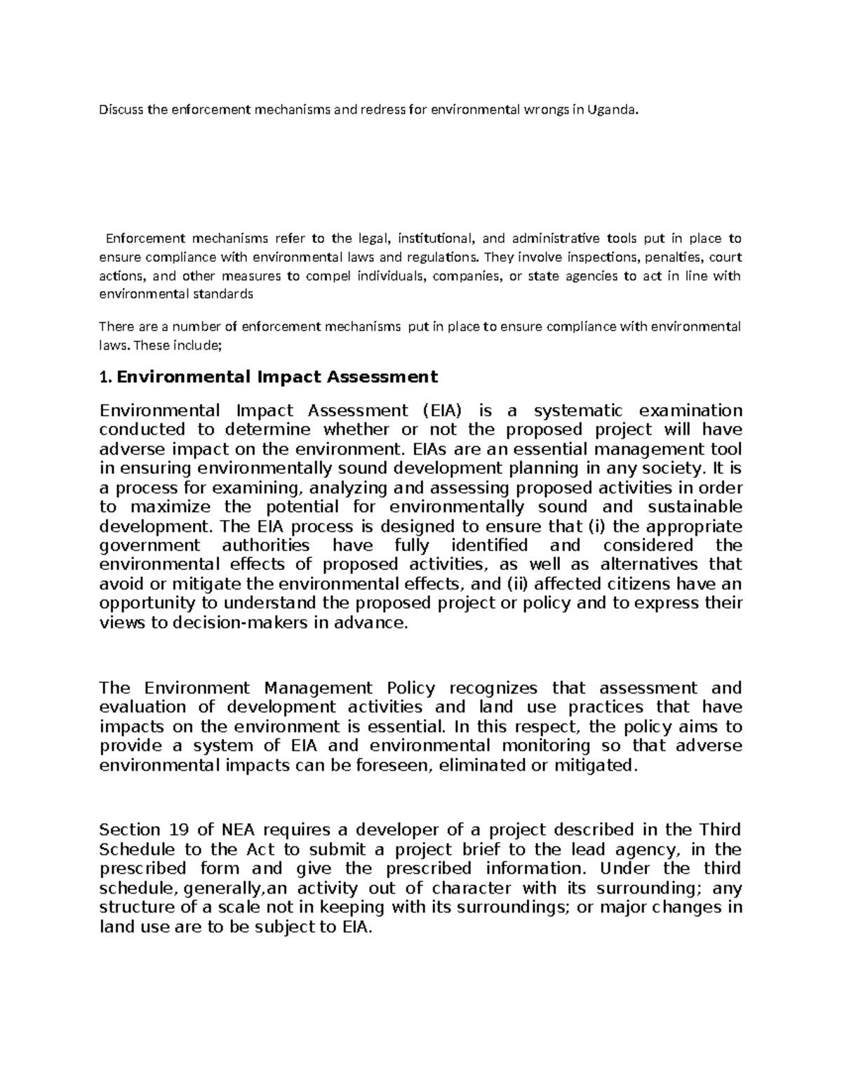 Enforcement Mechanisms for Environmental Law in Uganda (ENV 101) - Studocu