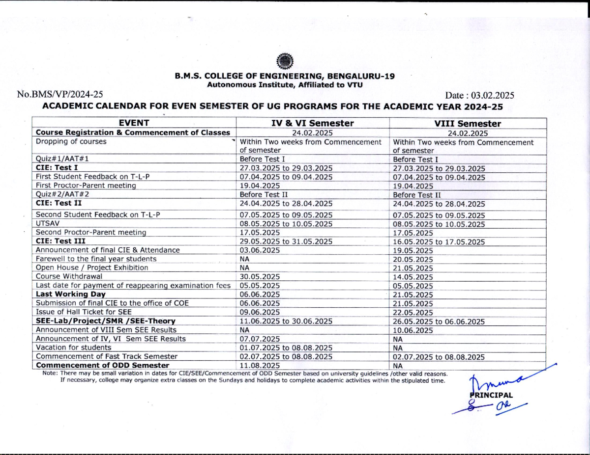 Even Semester Academic Calendar 2024-25 for UG Programs at B.M. College ...