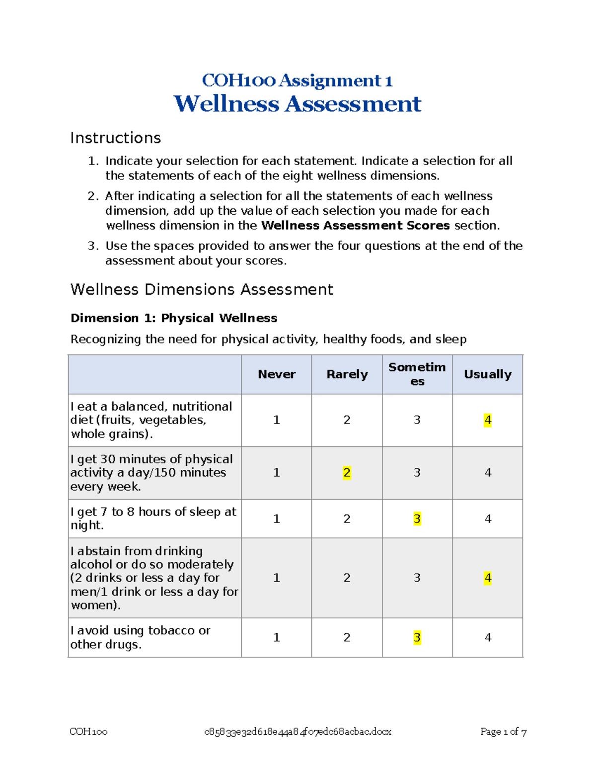 COH100 Assignment 1: Wellness Assessment Guide - Studocu