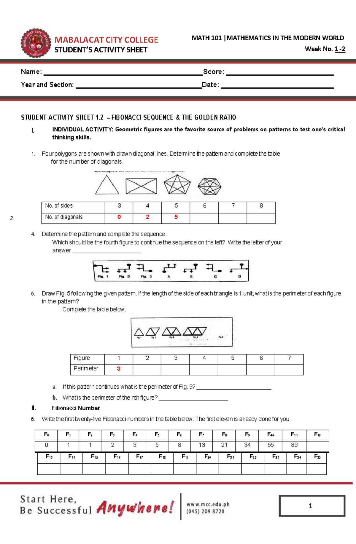 MATH 101 IN THE MODERN WORLD: Activity Sheet on Fibonacci & Golden ...