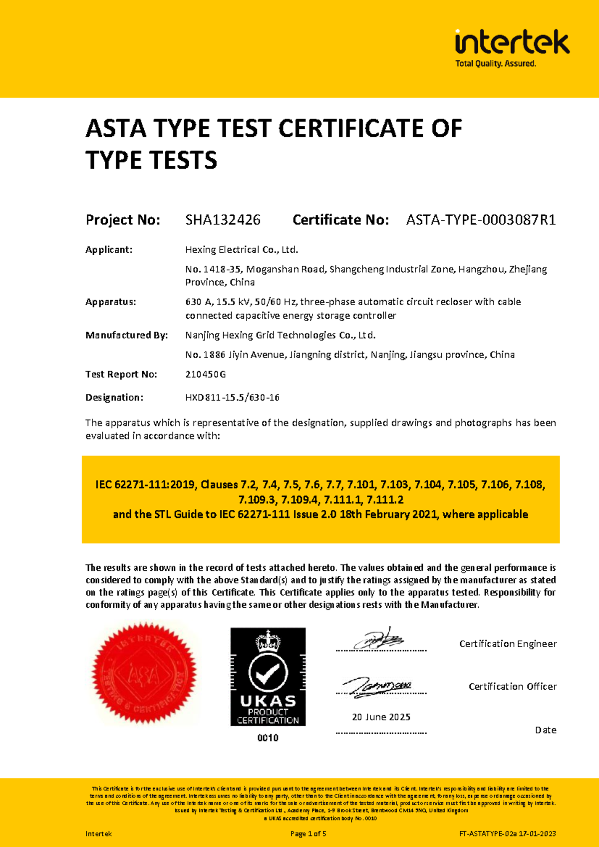 ASTA Type Test Report for HXD811-15.5 Recloser - Project SHA132426 ...
