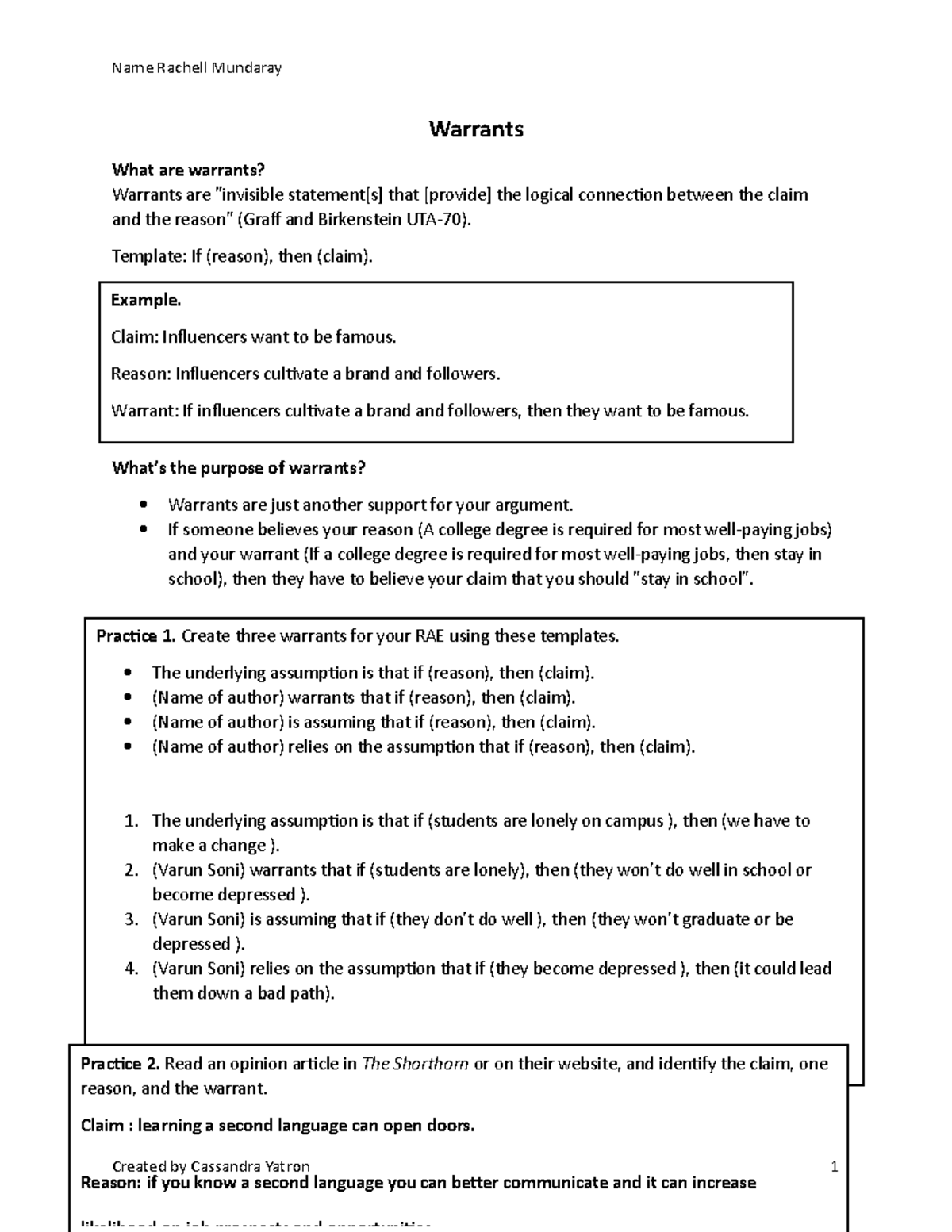Warrants in Argumentation - Handout (RHE 101) - Studocu