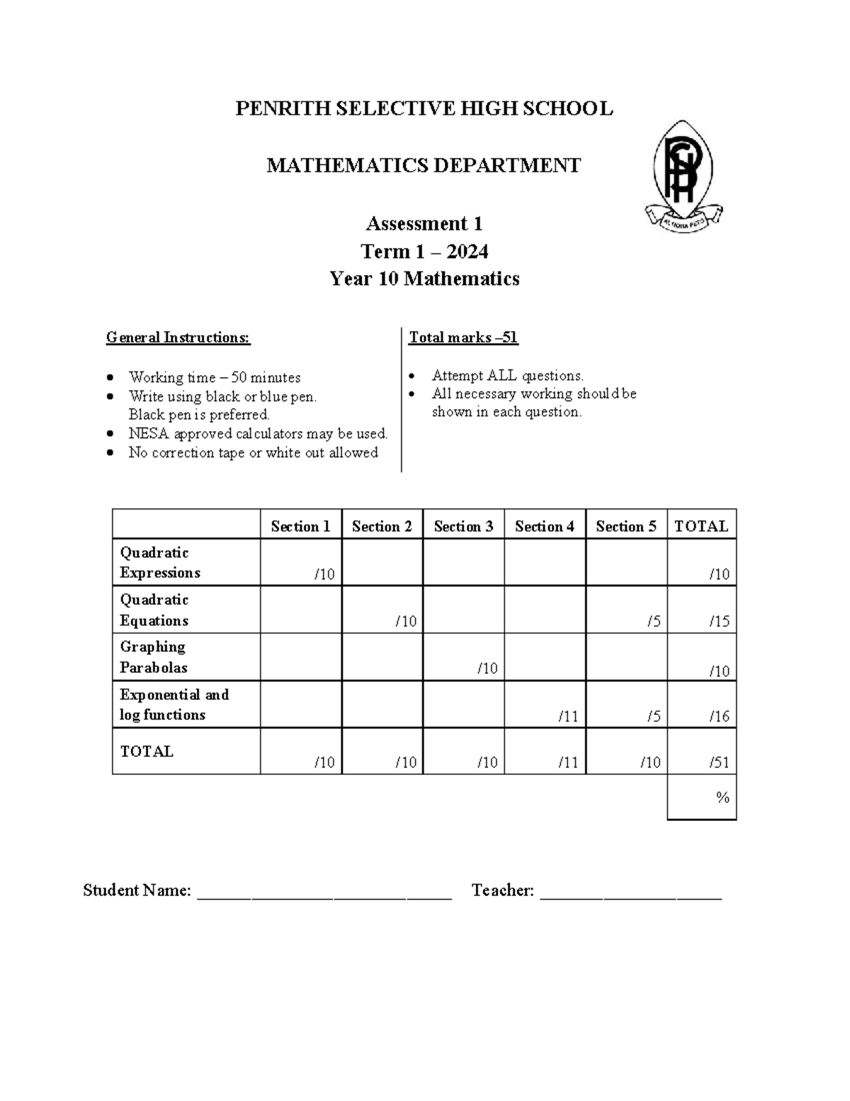 2024 Year 10 Mathematics Assessment 1: Quadratics & Log Functions - Studocu