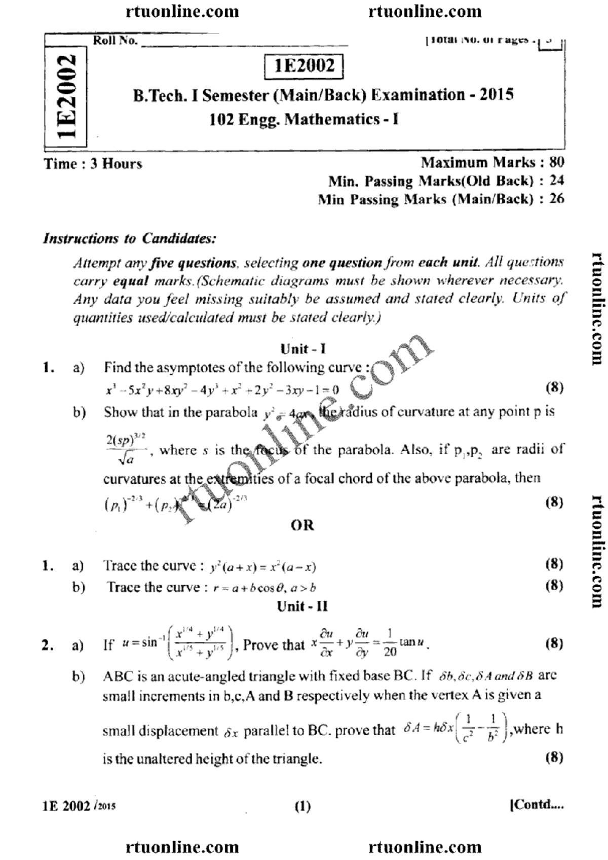 B.Tech 1st Sem Engg Mathematics I Exam 1E2002 - 2015 - Studocu