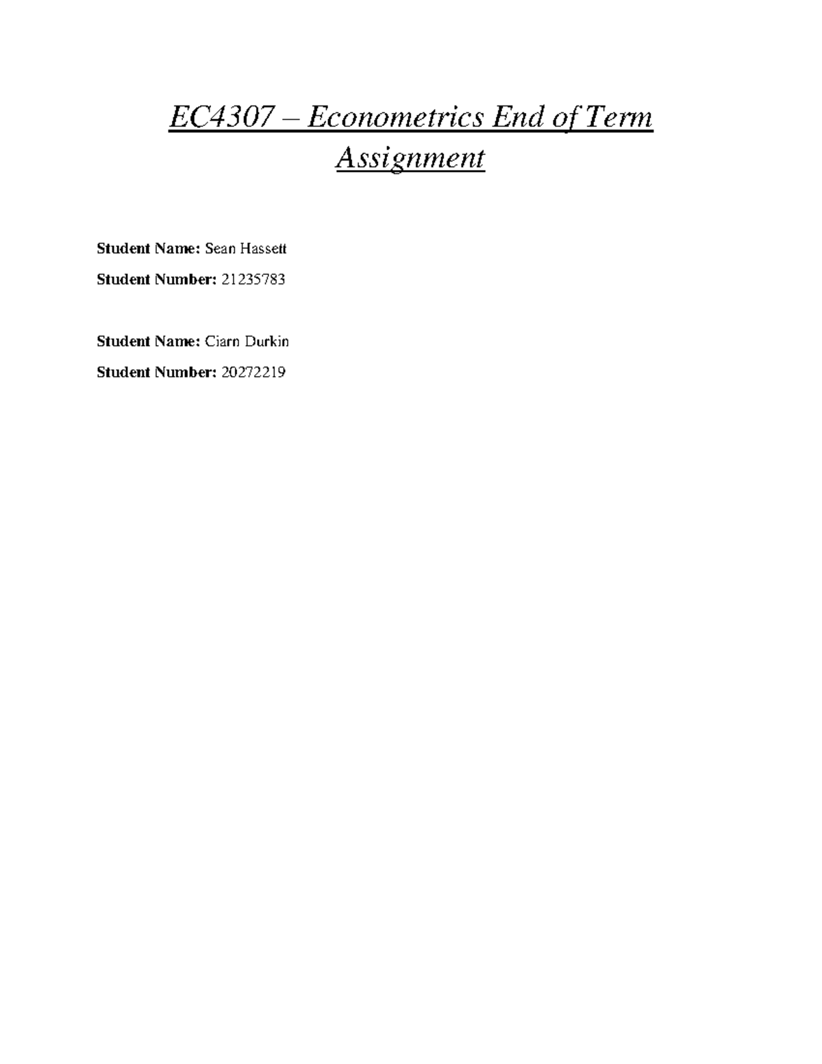 EC4307 - Econometrics - Pratice module - EC4307 – Econometrics End of ...