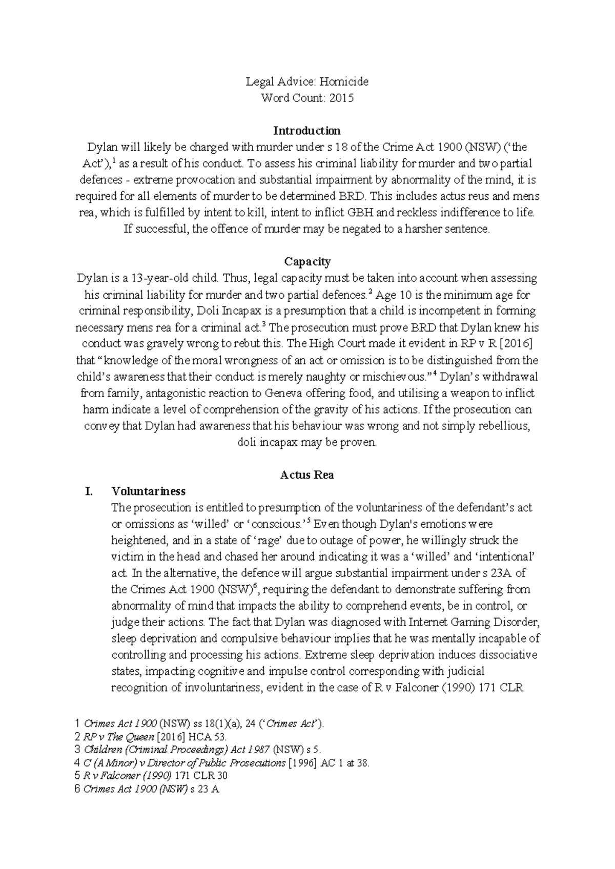 Legal Advice on Homicide Charges: Case Analysis and Defenses - Studocu