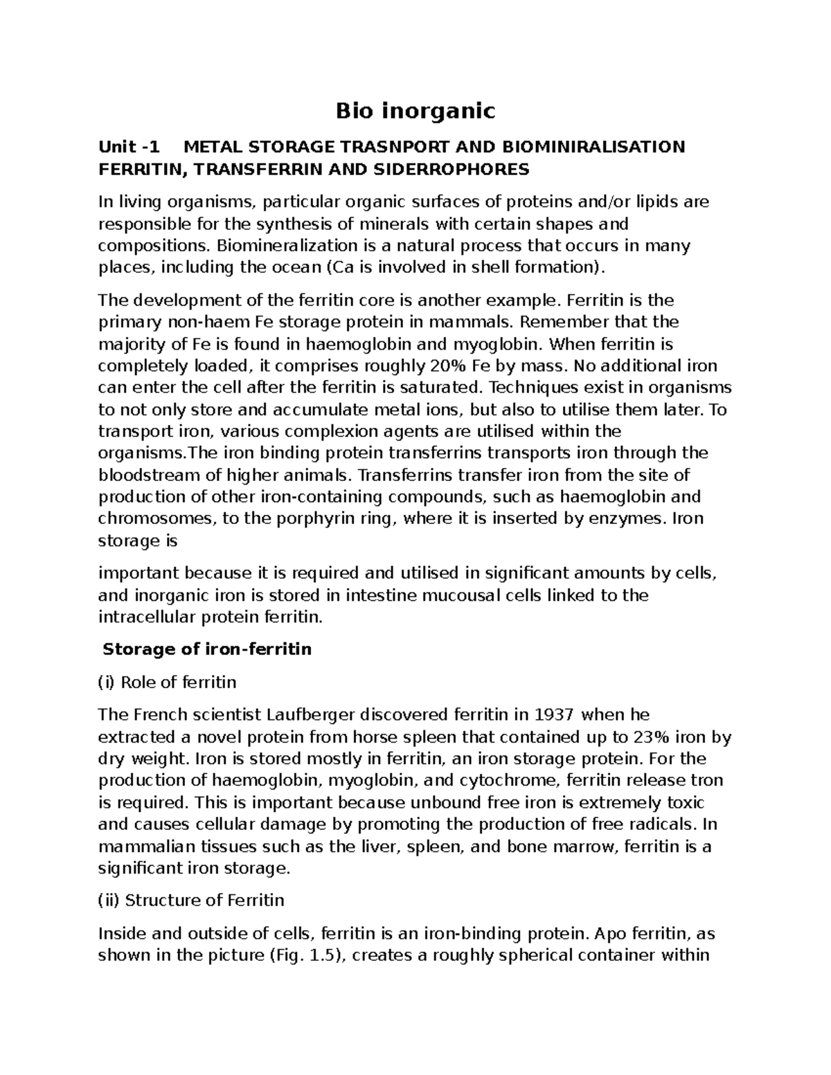 Bioinorganic Studies: Metal Storage Transport and Biomineralization ...