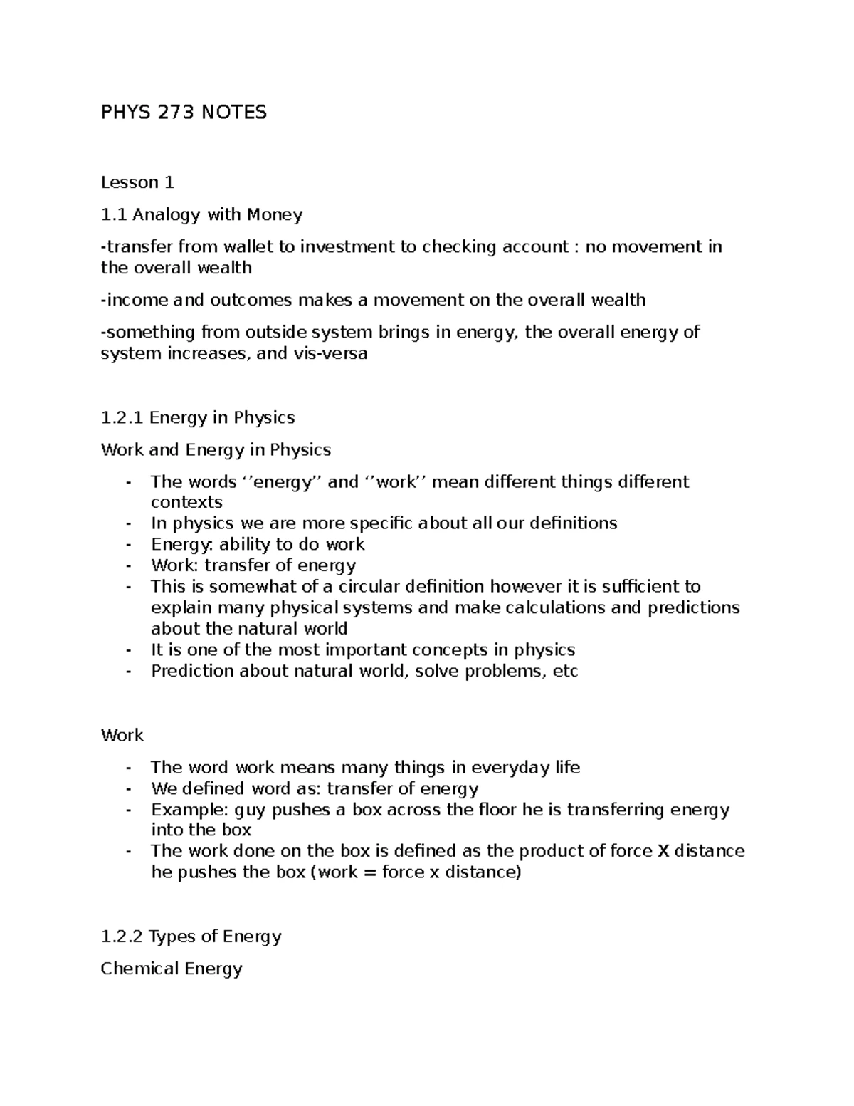 Phys 273 Question bank - Energy is: a) Power b) A force of nature c ...