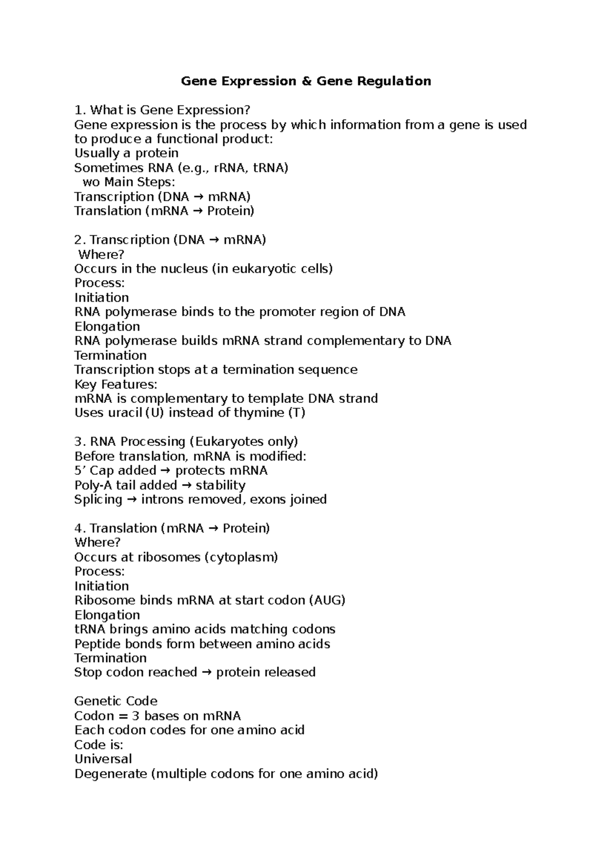 Gene Expression and Regulation Overview: Key Processes Explained - Studocu