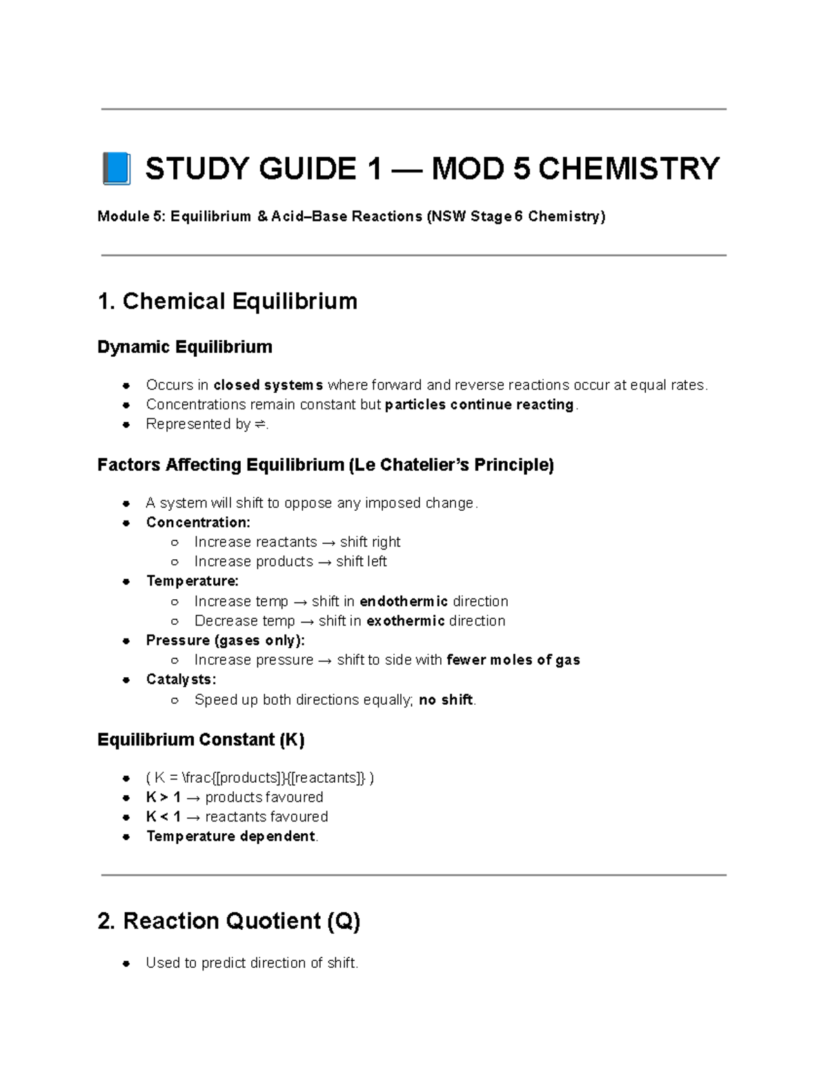 Study Guide 1: MOD 5 Chemistry - Equilibrium Reactions Overview - Studocu