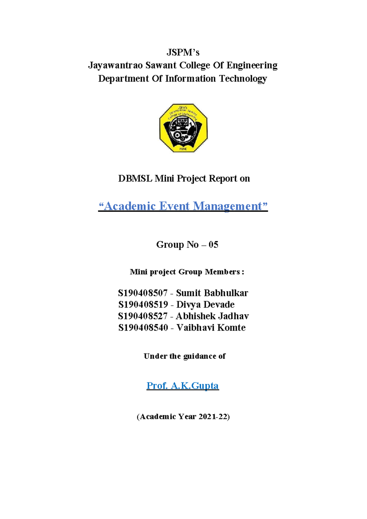 Title page of mini project - information technology - JSPM’s ...