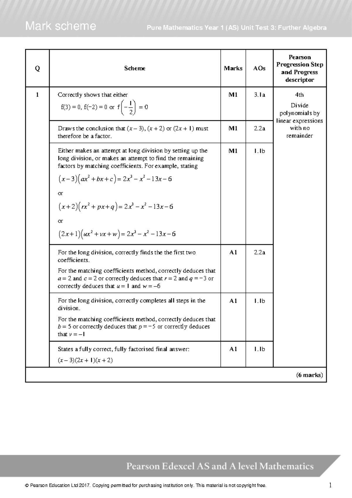 Further algebra ms - Q Scheme Marks AOs Pearson Progression Step and ...