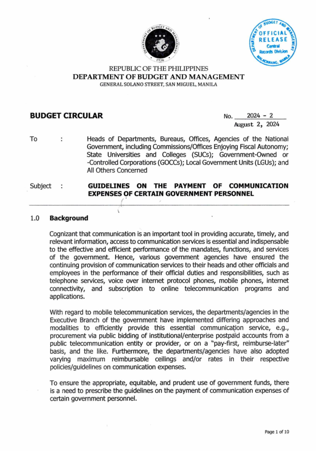 Budget Circular No. 2024-2: Guidelines for payment of communication ...