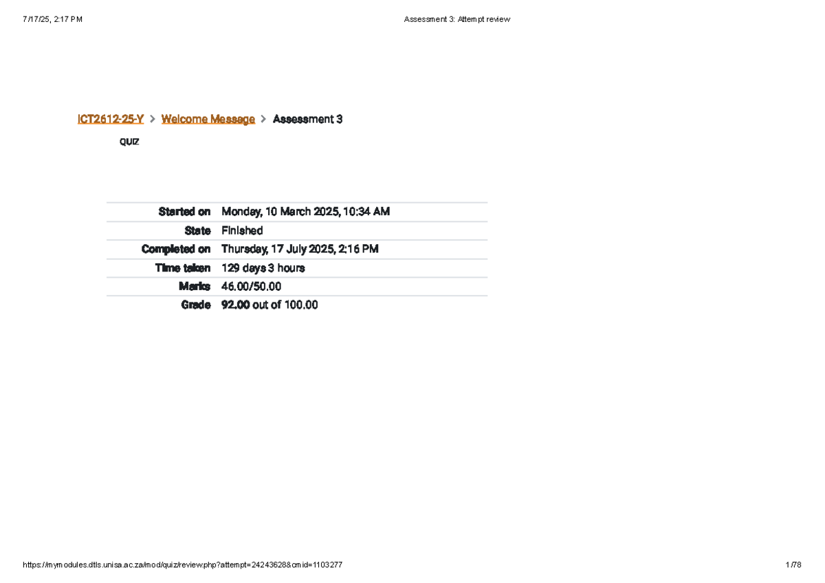 Assessment 3: Attempt Review for ICT1234 Quiz on Java Programming - Studocu