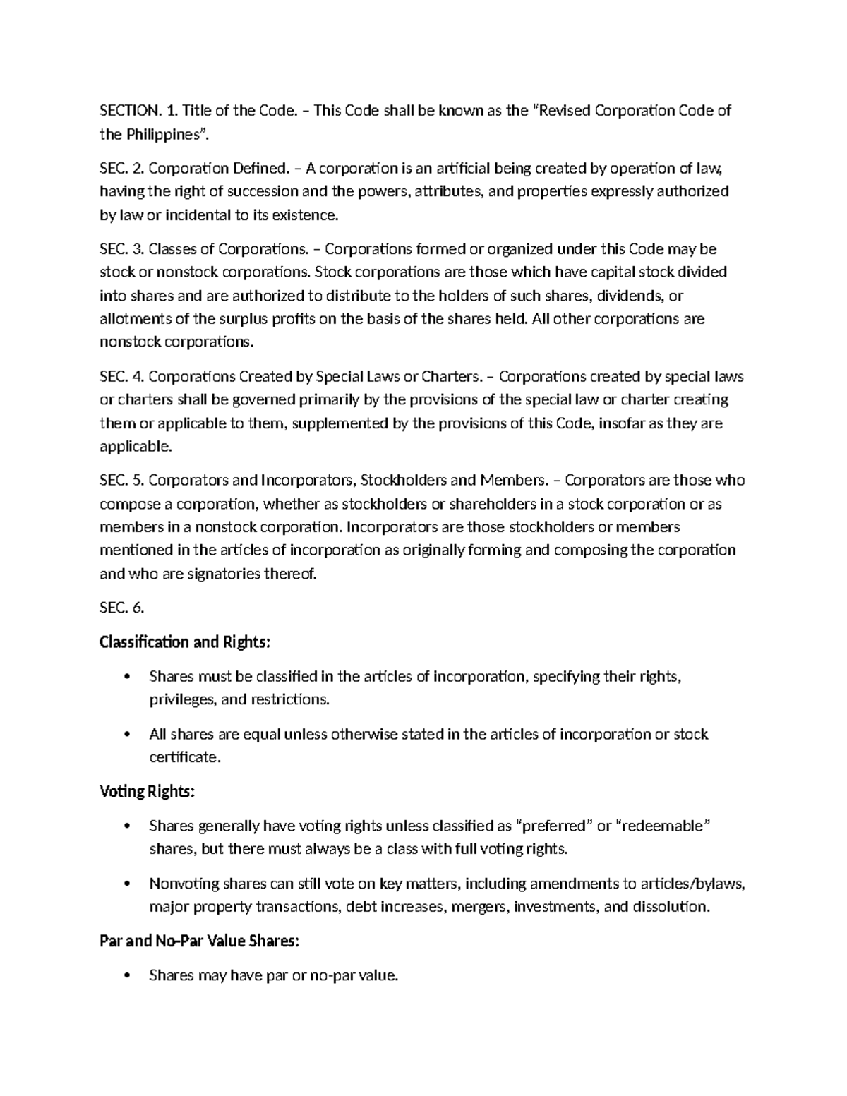 Corporation Code Overview & SEC Regulations: Sections 1-10 Summary ...