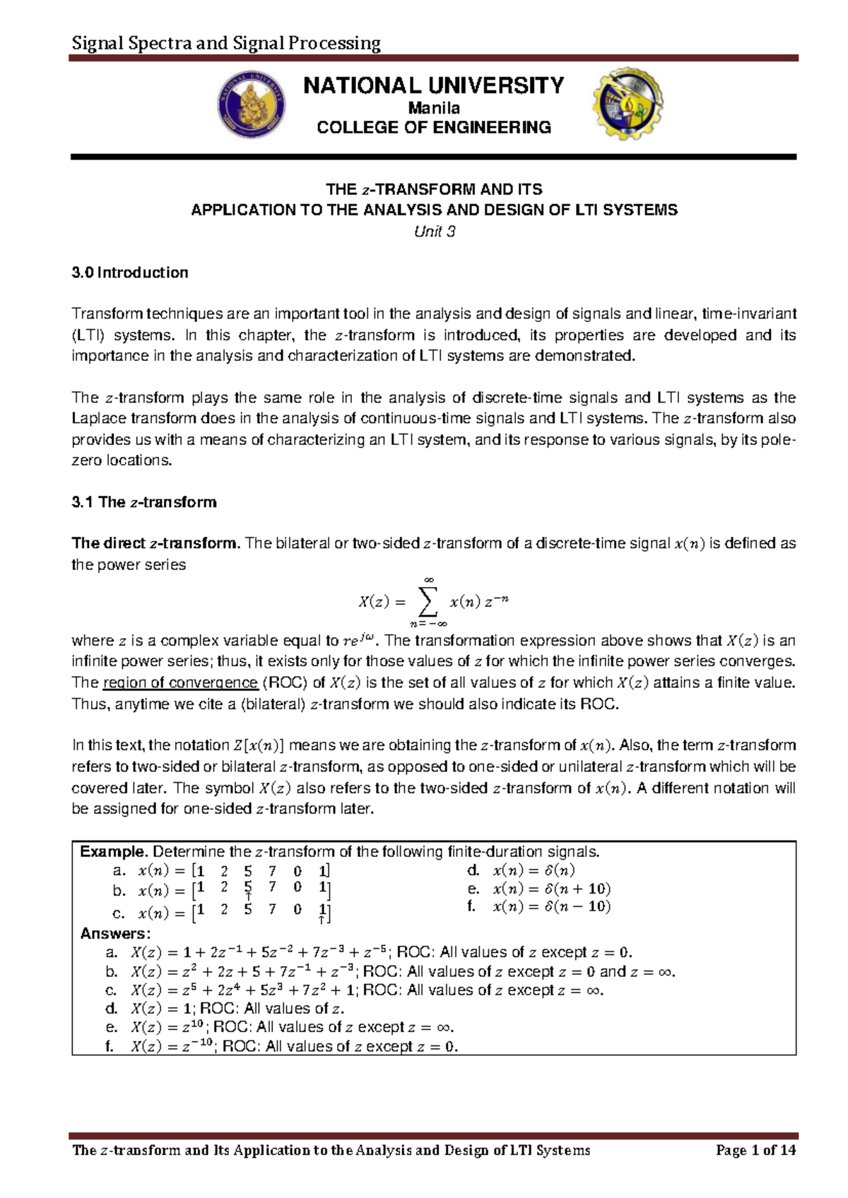 DSP Lecture Unit 3 - The z-transform and its Applications to the ...