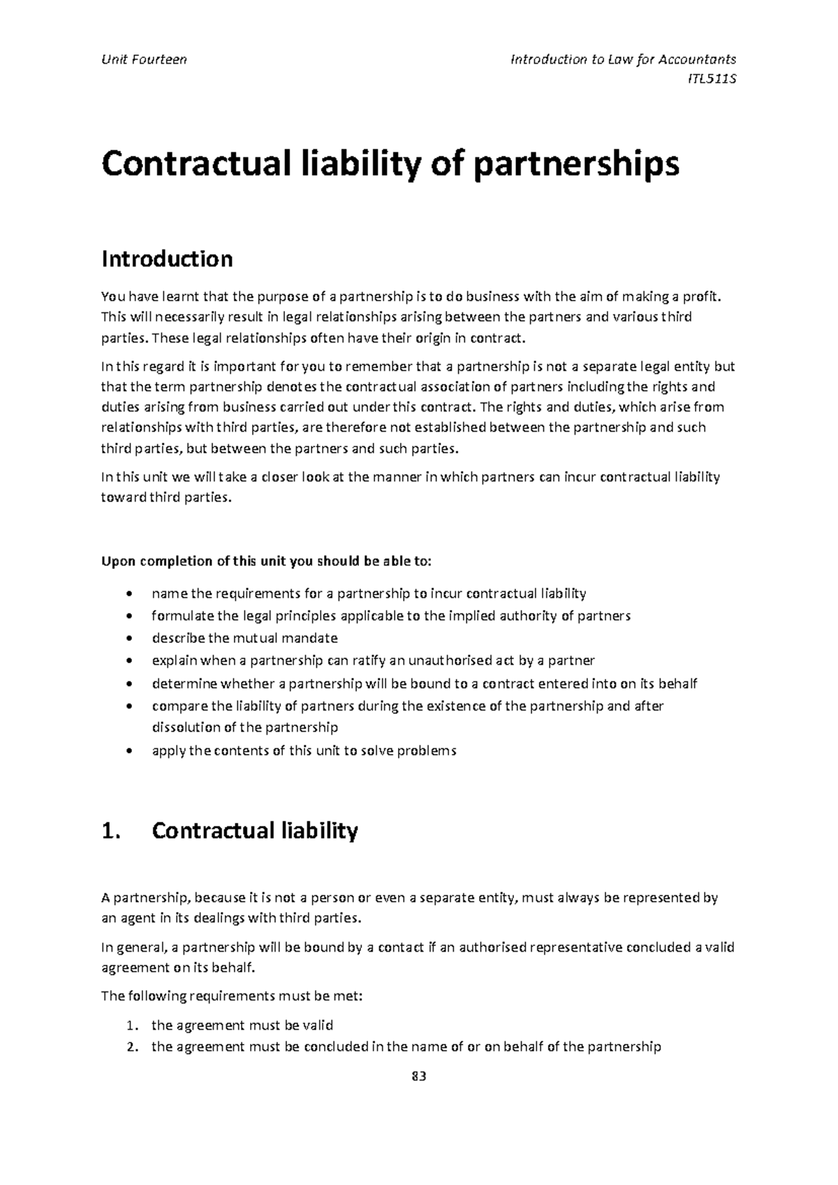 Unit 14: Contractual Liability of Partnerships in ITL511S Law for ...