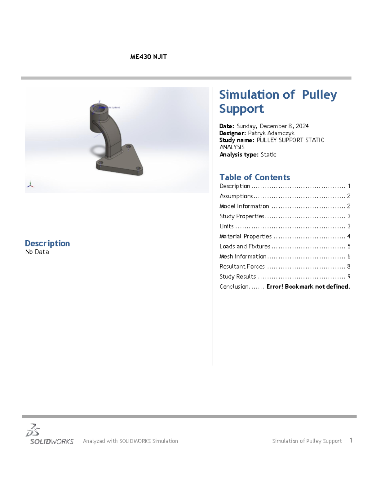 Pulley Support- Pulley Support Static Analysis-1 - ME430 NJIT ...