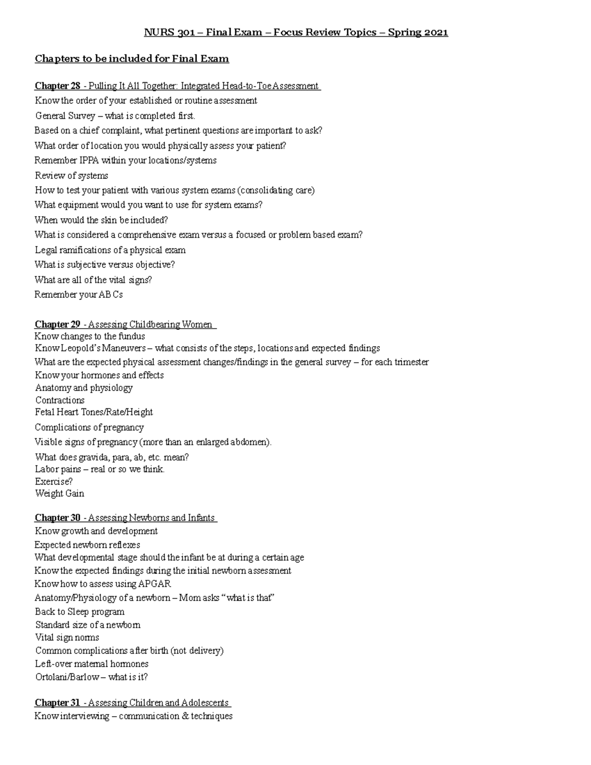 NURS 301 – Spring 2021 Final Exam – Comprehensive Review Topics - Studocu