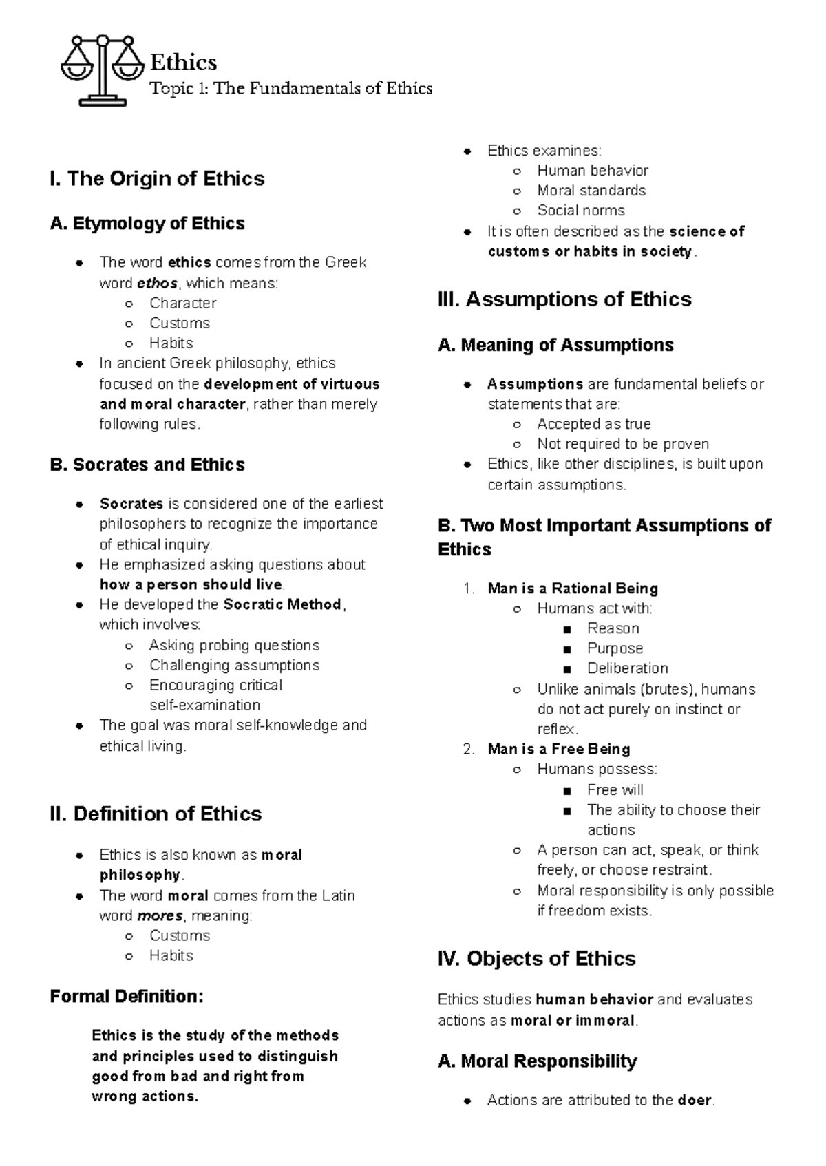 Ethics Notes - Topic 1: Fundamentals of Ethics and Moral Philosophy ...