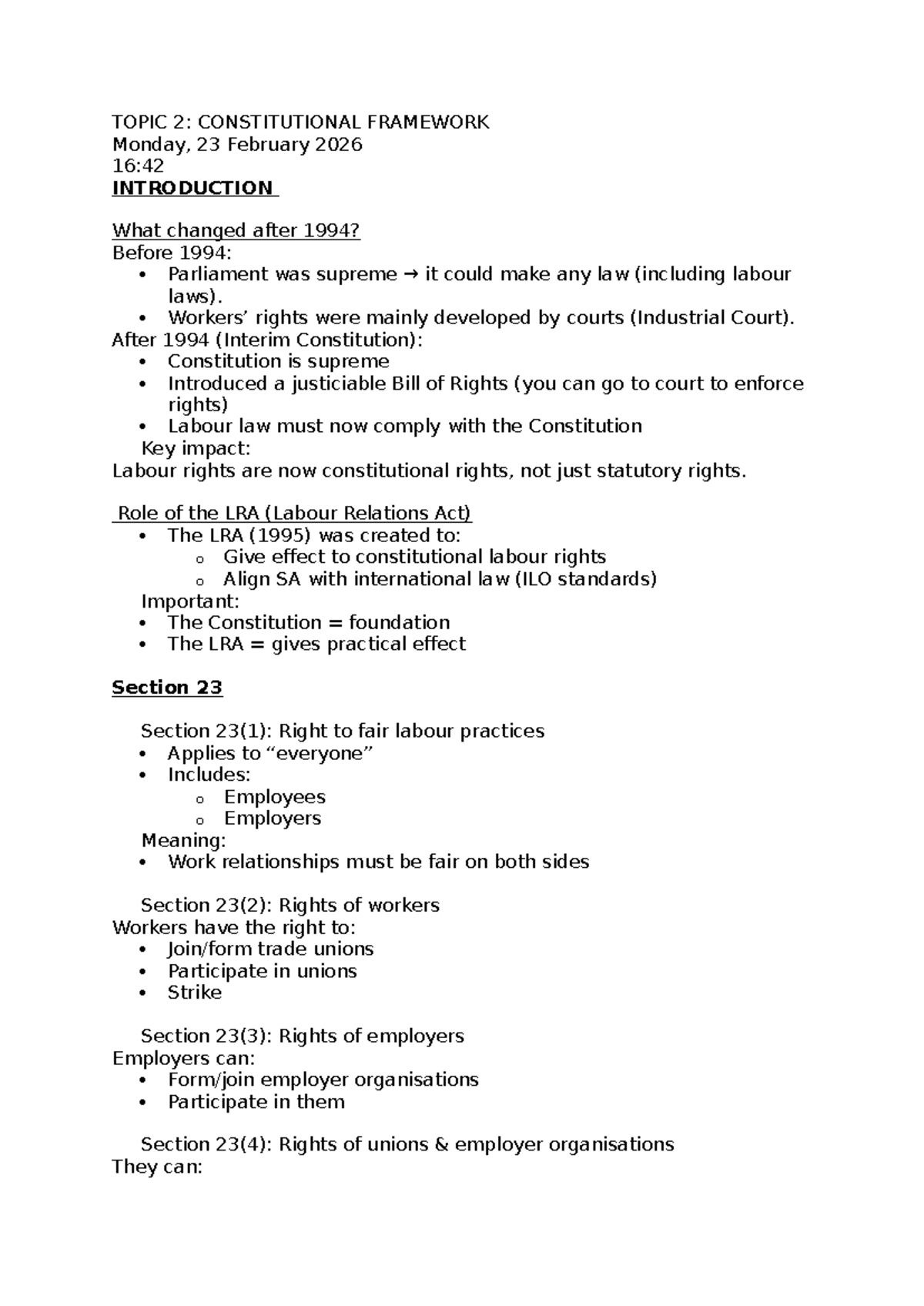 Labour Law Notes: Constitutional Framework & Employment Rights (Topics ...